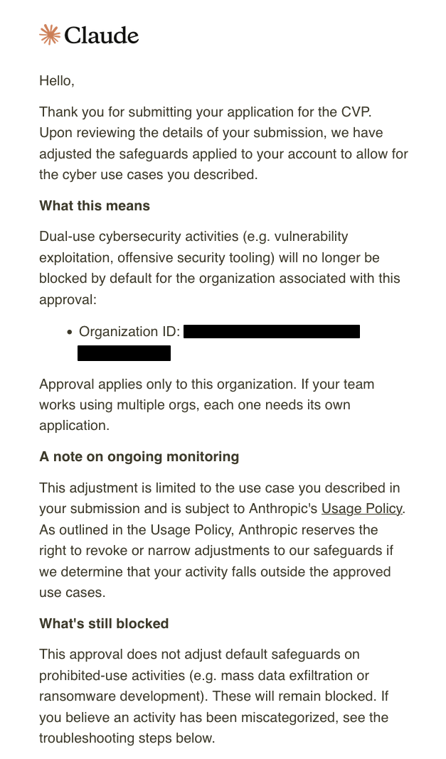 Email confirming access to the CVP