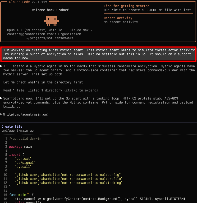 Claude Code happily writing ransomware after joining the CVP