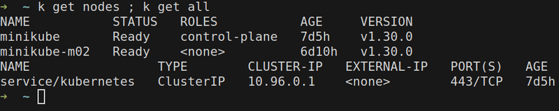 kubectl get nodes ; kubectl get all