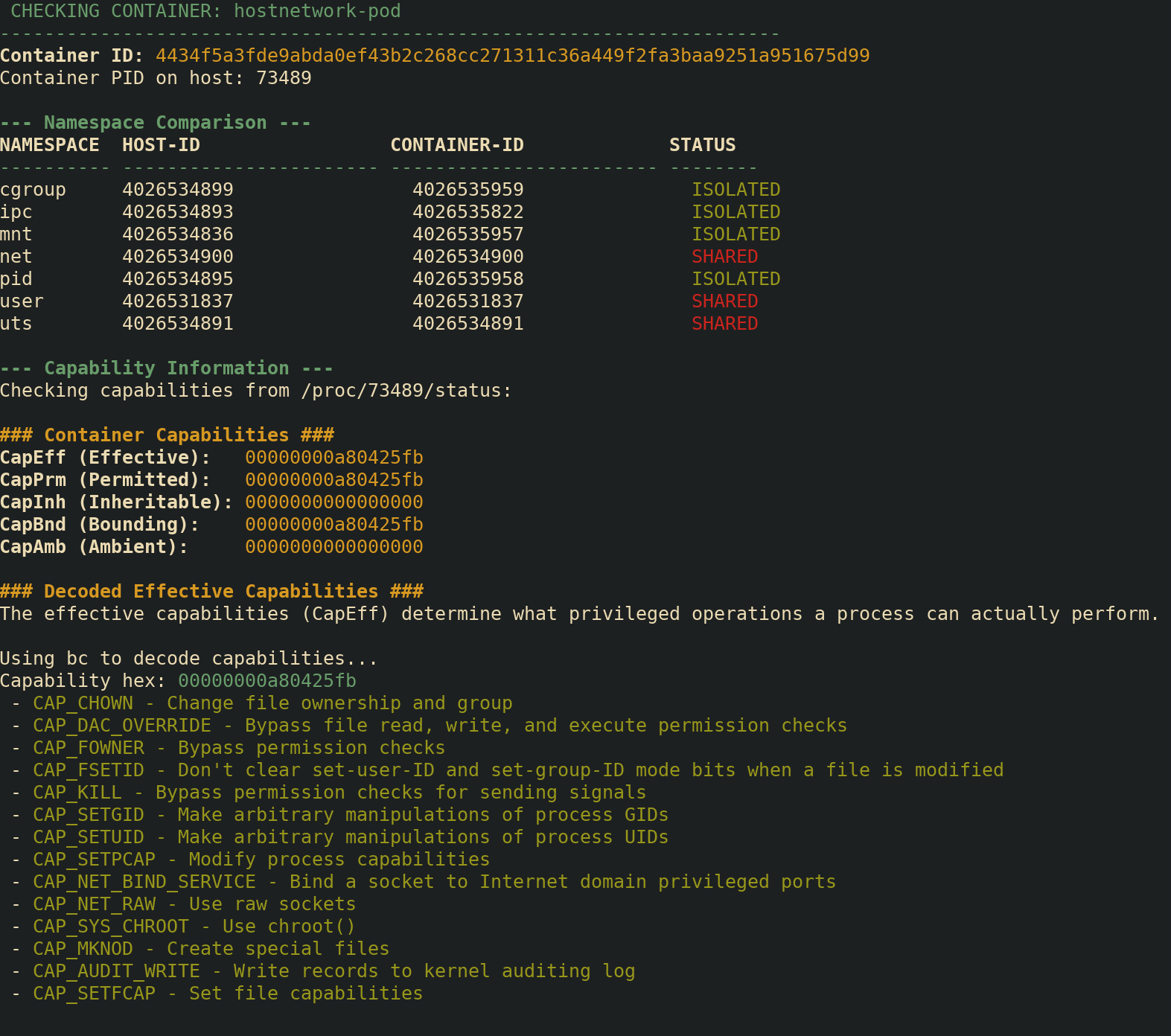 hostNetwork true pod not having capabilities
