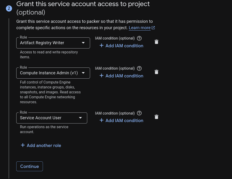 Select compute instance admin V1, Artifact Registry Writer, and Service Account User