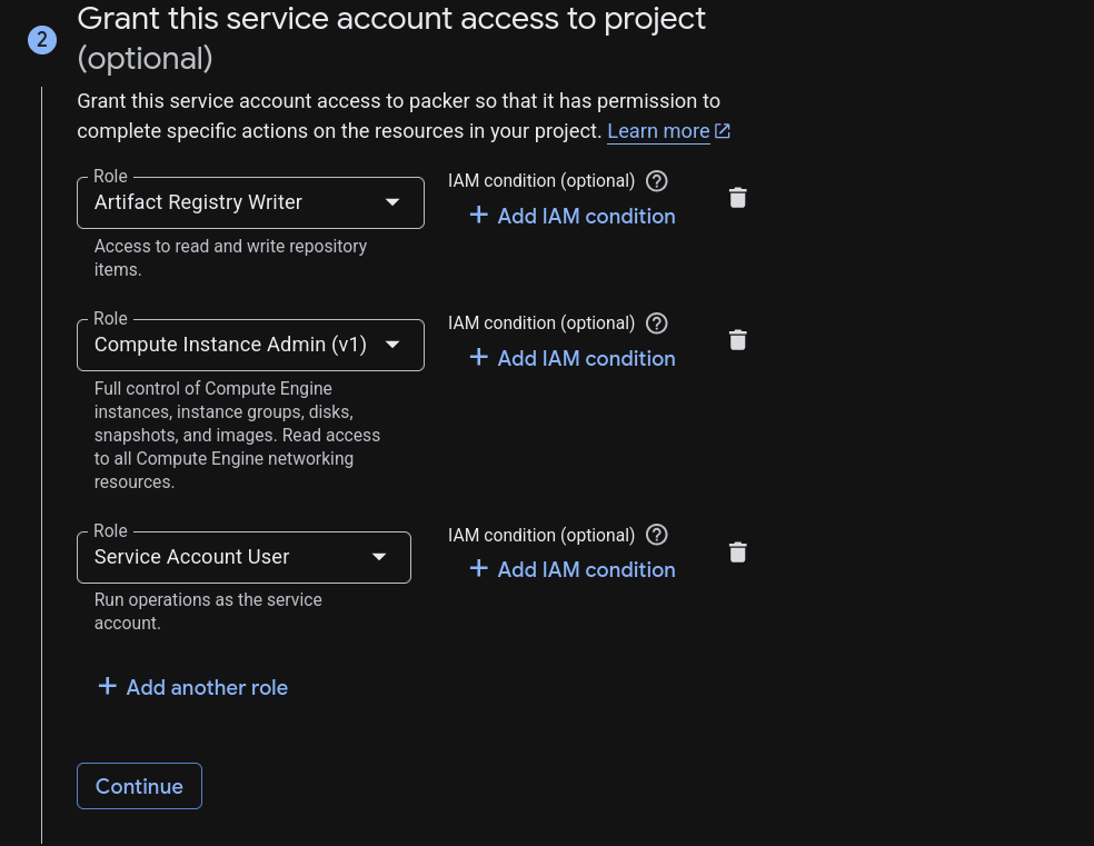 Select compute instance admin V1, Artifact Registry Writer, and Service Account User