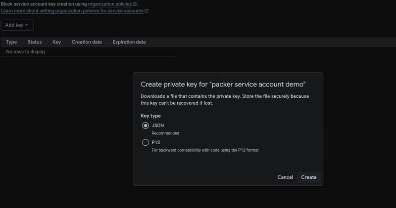 Create a new service account key
