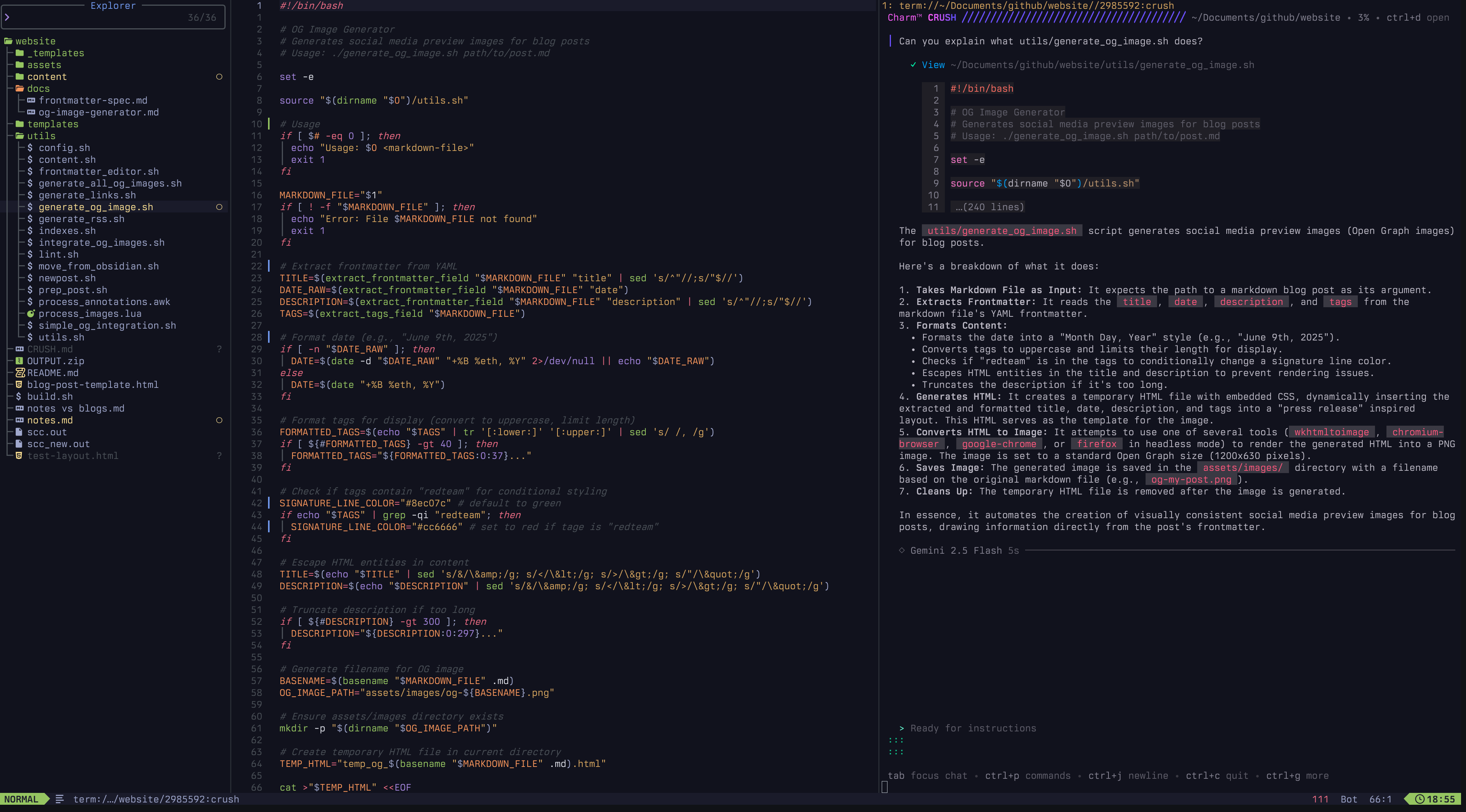 lazyvim with crush in a separate pane